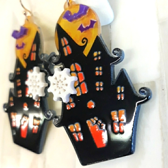 Halloween Moon & House Dangle Earrings - Picture 2 of 7